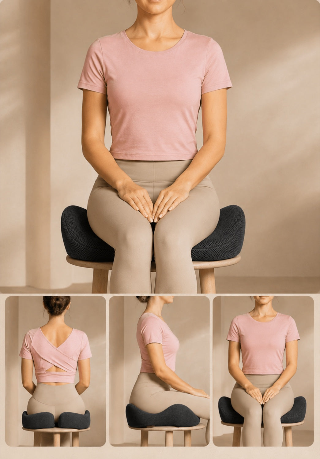 Sitzkissen auf einem Hocker – Ansicht von vorne, von hinten und von der Seite